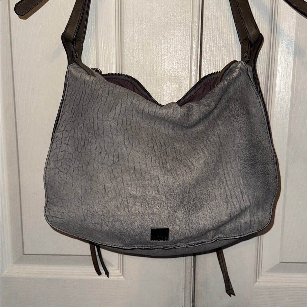 Kooba Jonnie Textured Gray Butter Leather With Taupe Trim Crossbody Bag - Picture 4 of 14